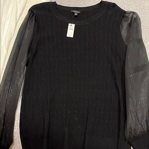 Talbots Black Crew Neck Sweater with Sheer Sleeves